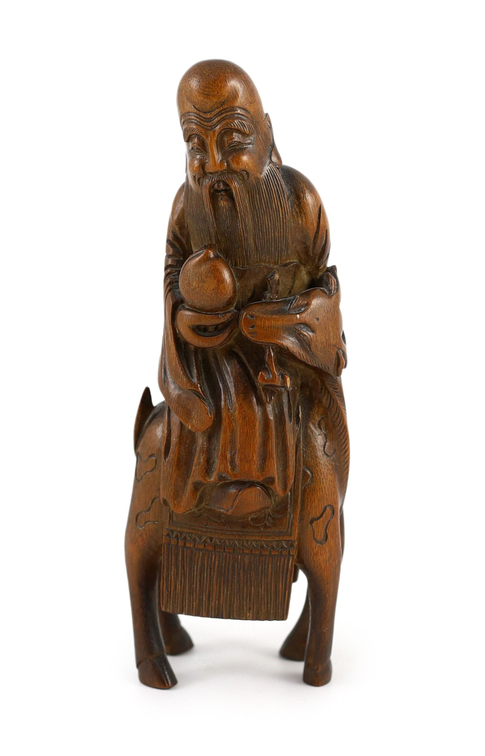 A Chinese bamboo group of Shou Lao riding a deer, 18th/19th century, 21cm high